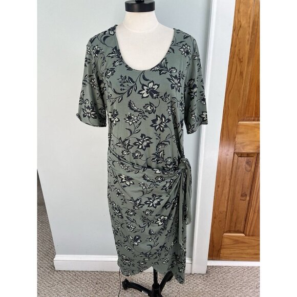 Garnet Hill Easy Wrap Knit Dress Green Floral SZ LG Autumn Stretch - Picture 2 of 10